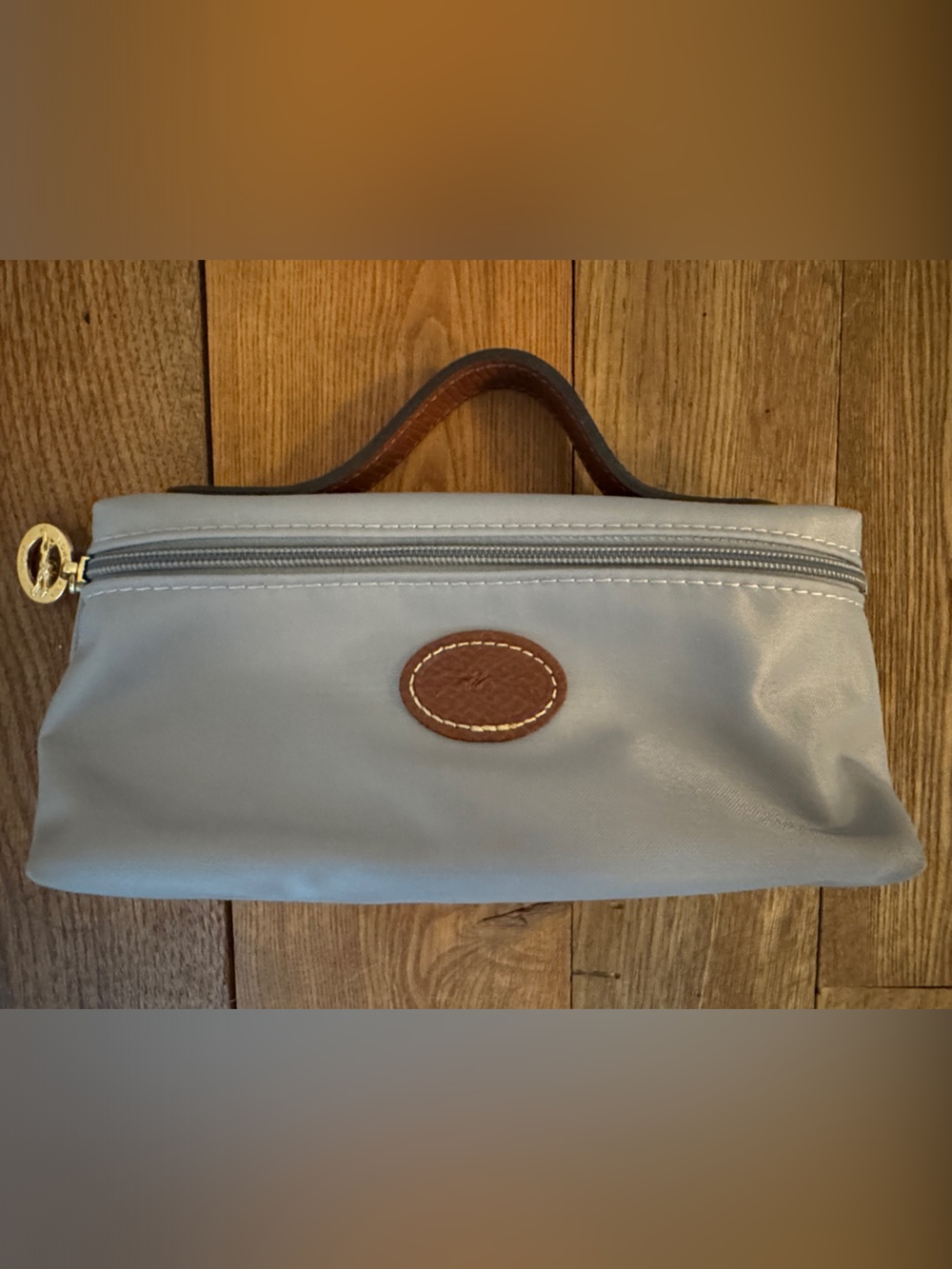 Longchamp Light Gray Cosmetic Case with Brown Leather Trim
